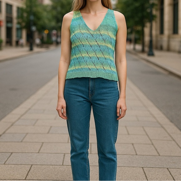 Blue knitted blouse size large handmade - Picture 3 of 7